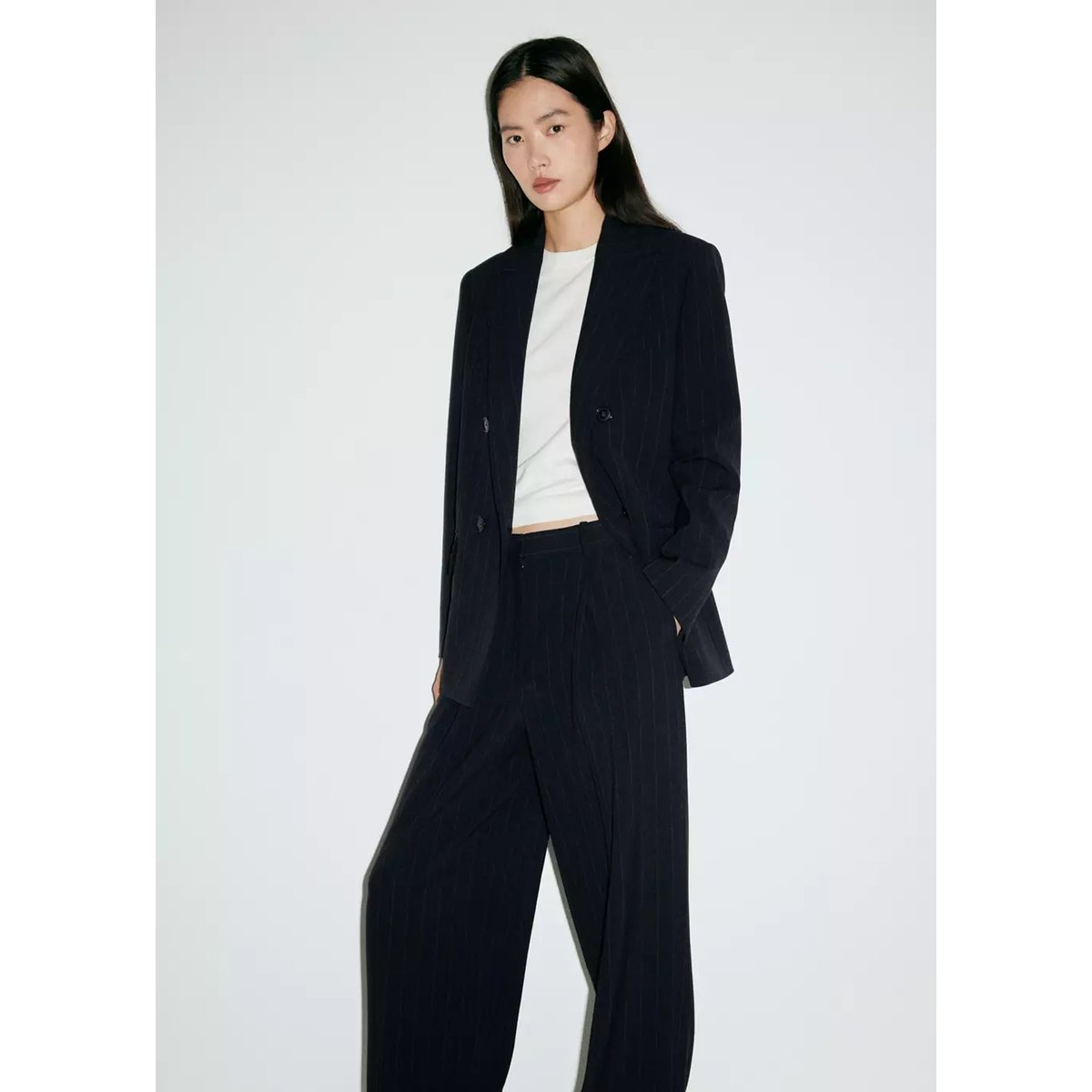 Pantalon pinces rayures tennis bleu marine, MANGO