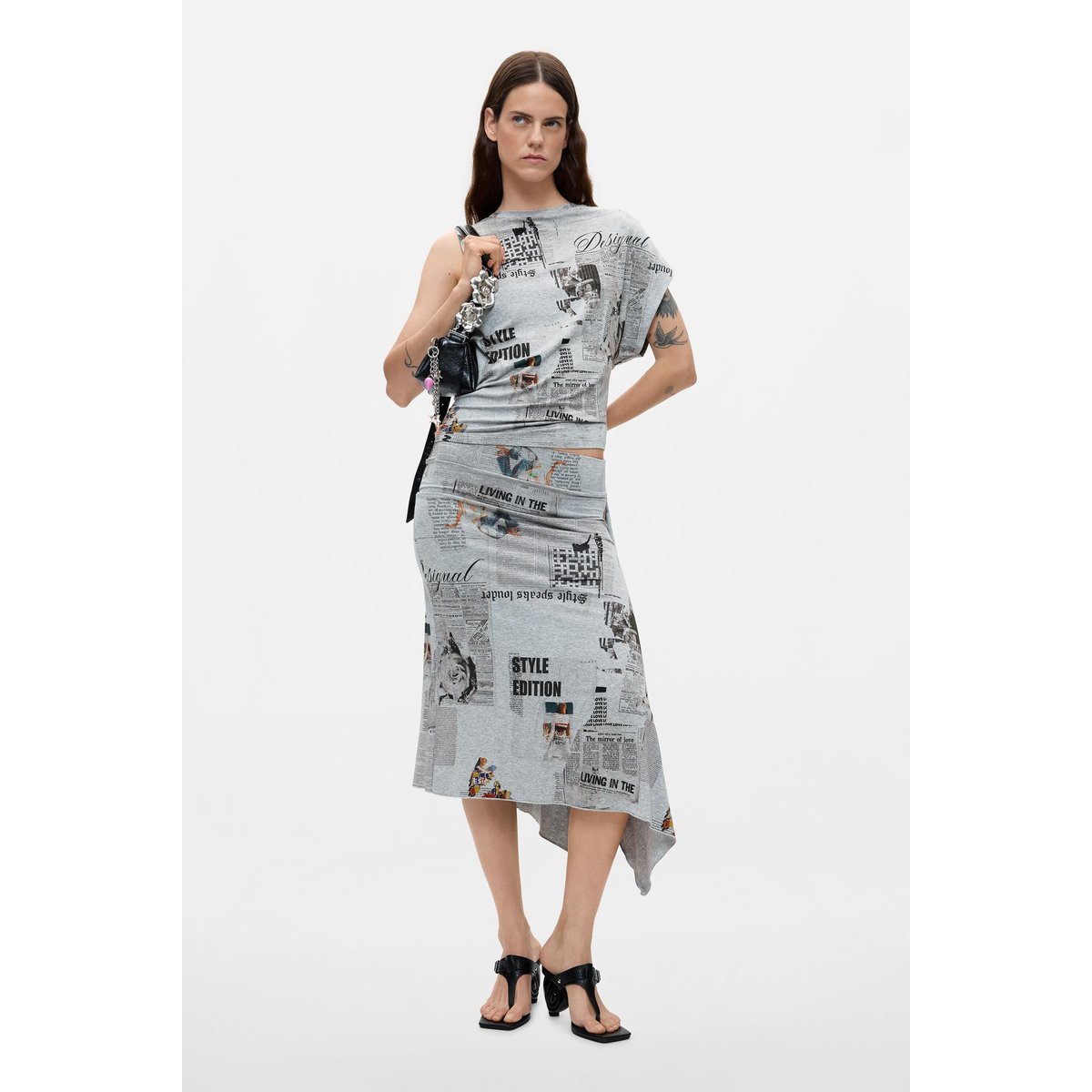 Jupe asymétrique imprimée gris, DESIGUAL