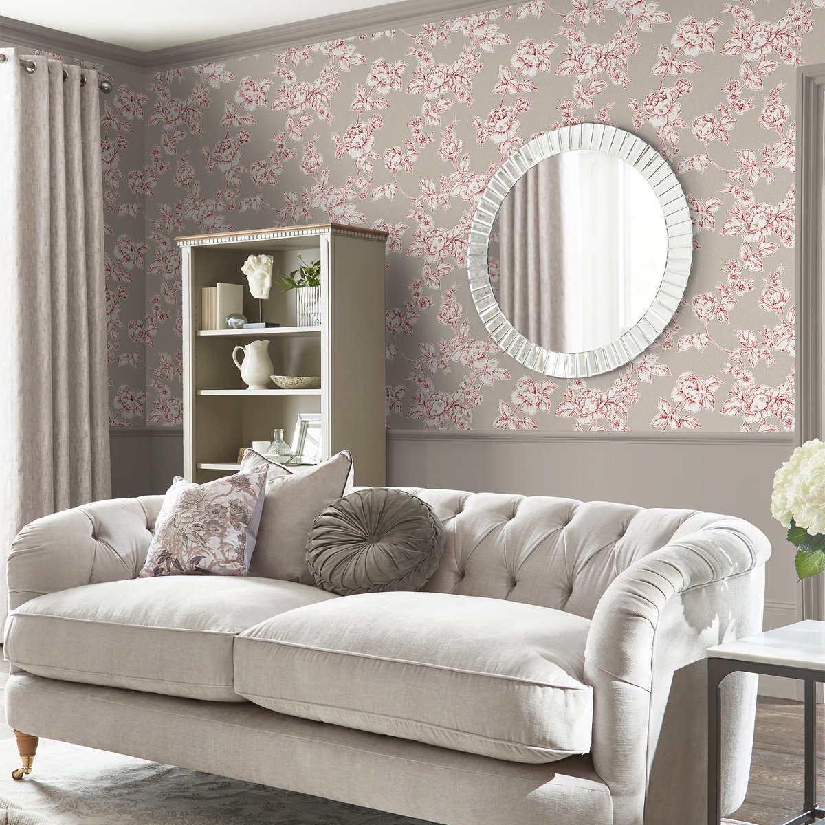 Papier peint fleuri Roses Pollington rouge framboise, beige grisé, LAURA ASHLEY