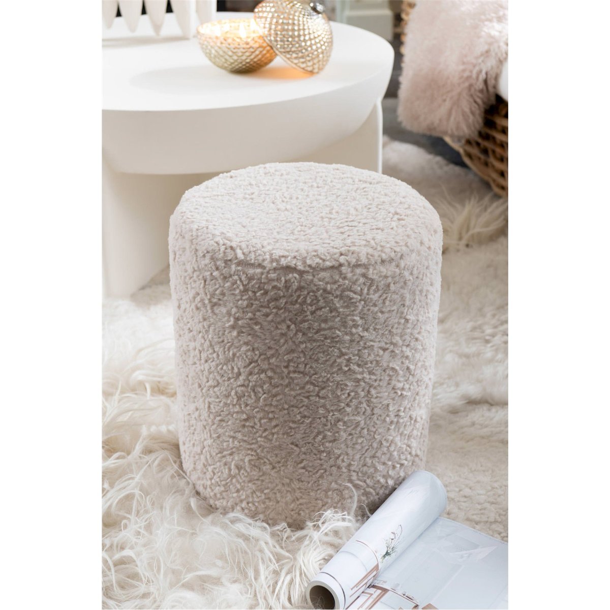 Tabouret rond en bois avec assise en écru doux naturel, RECOLLECTION