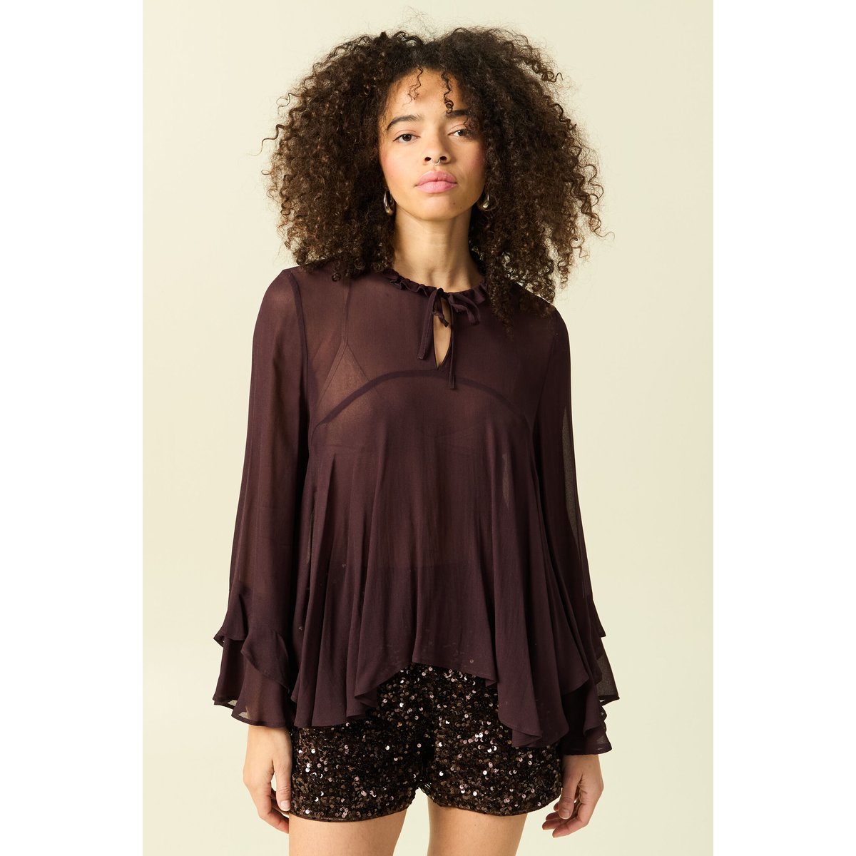Blouse manches longues col ras de cou marron foncé, BONOBO