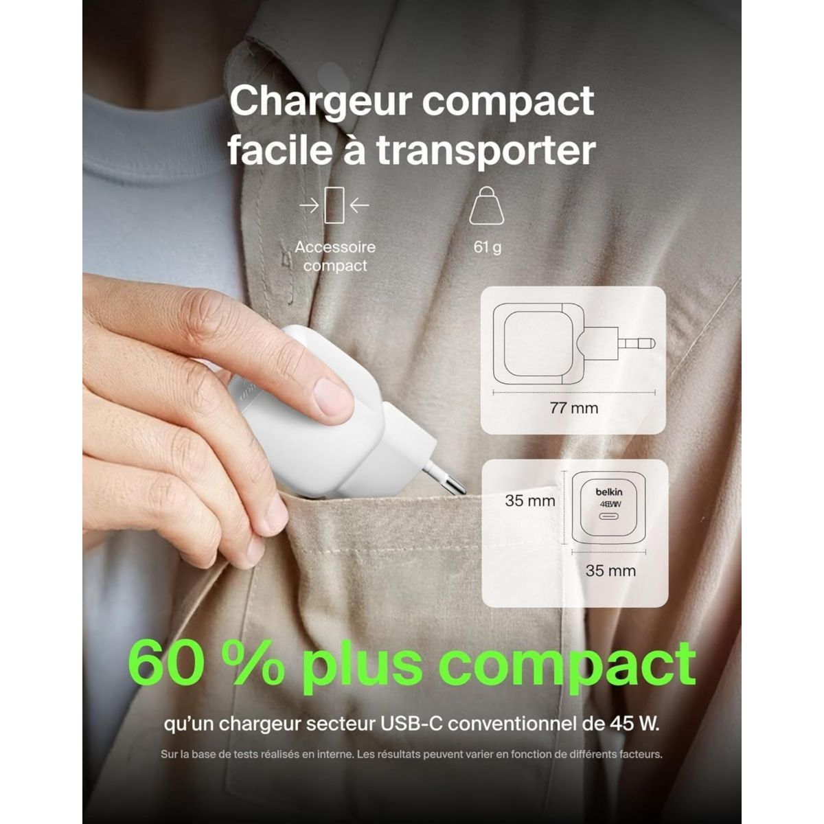 Chargeur 45W USB charge rapide & 1M C-C blanc couleur unique, BELKIN