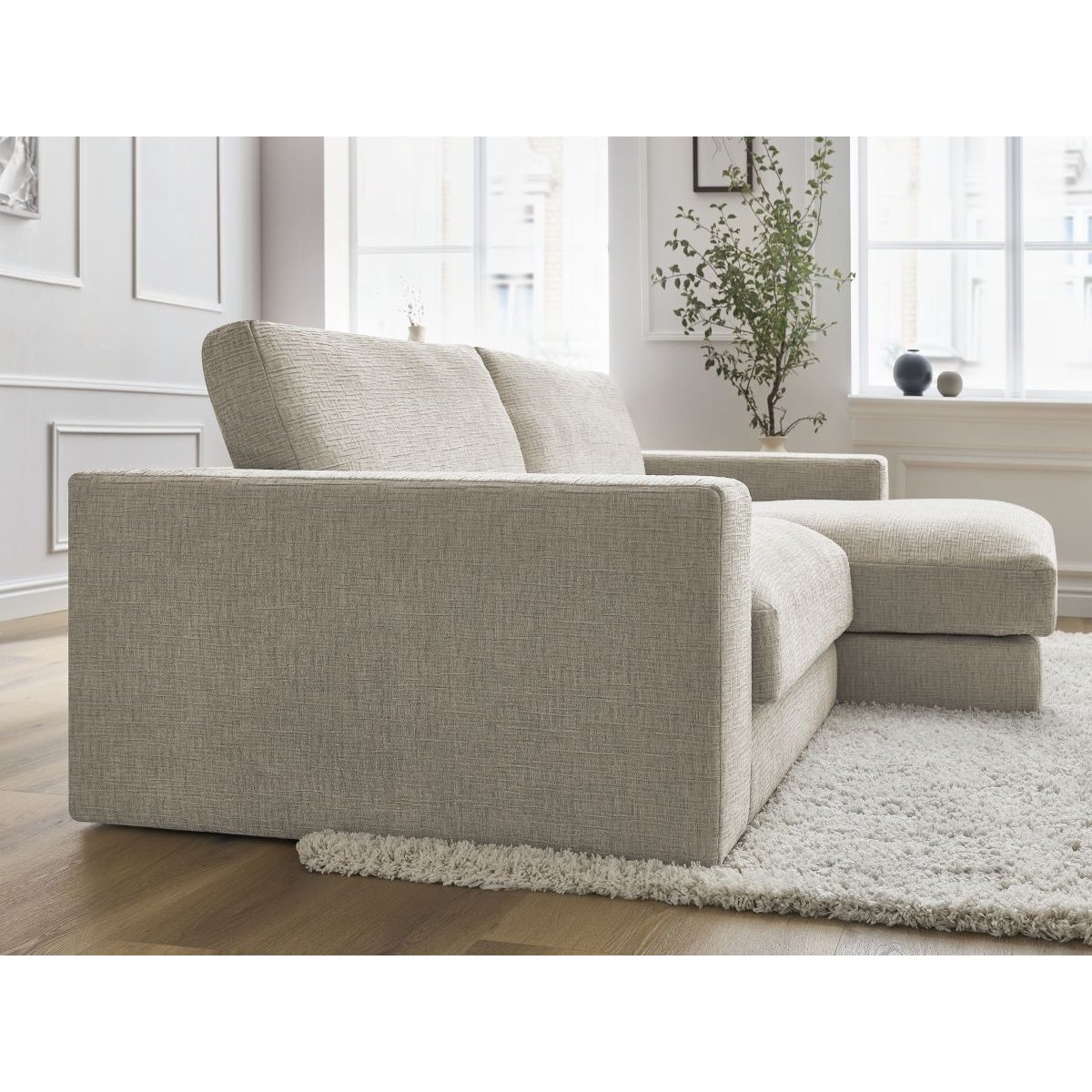 Canapé d'angle fixe 4 places en tissu texturé, LEONARD beige, BOBOCHIC