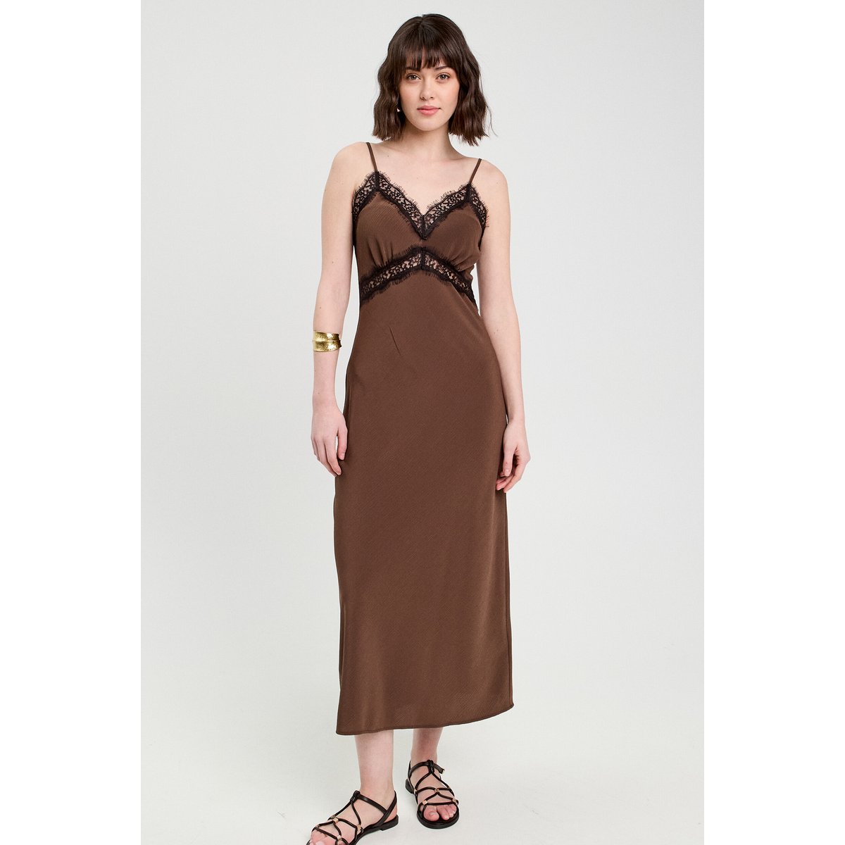 Robe longue ajustée dentelle marron foncé, CACHE CACHE