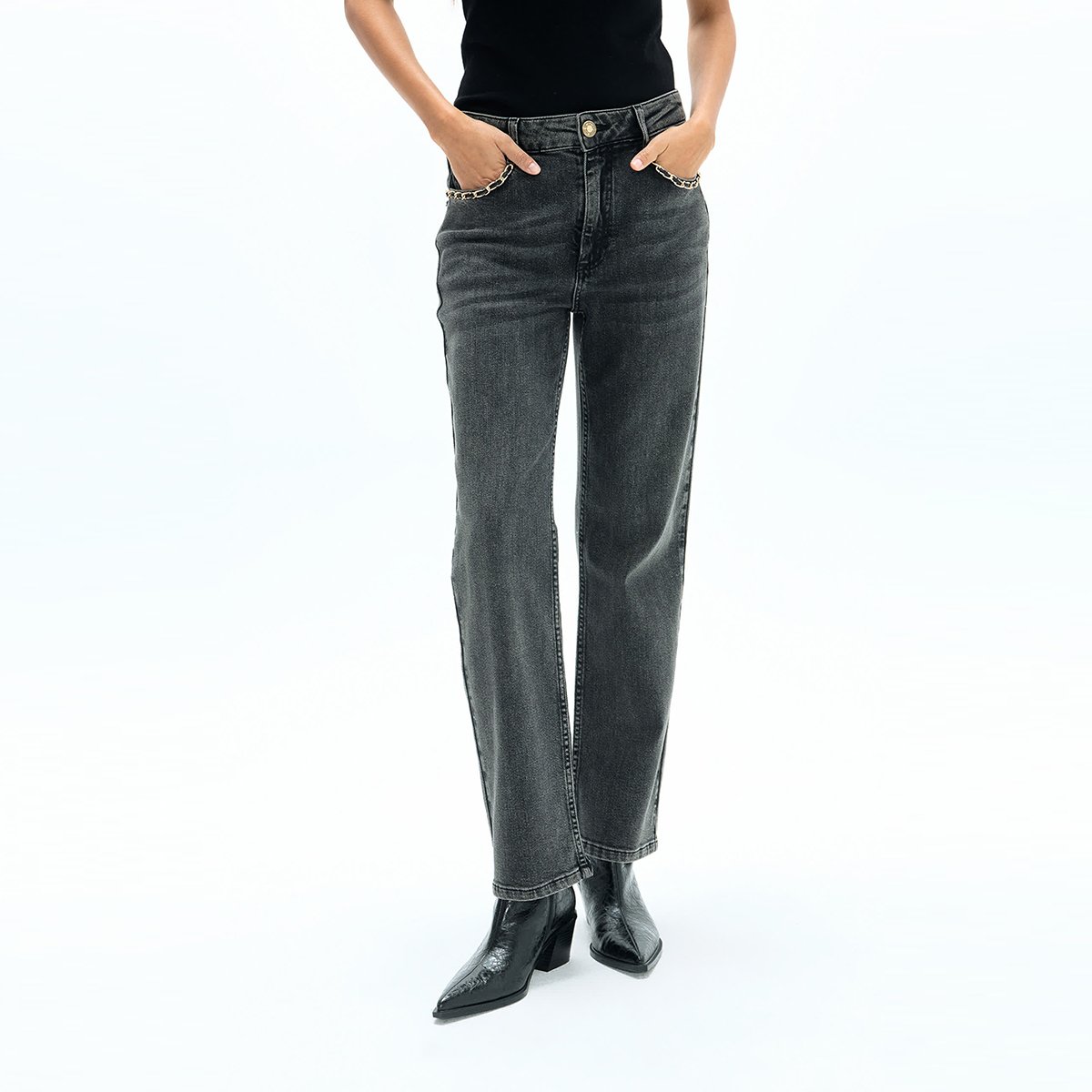 Jean large à poches ornées de chaînes dorées denim gris, LOLA CASADEMUNT