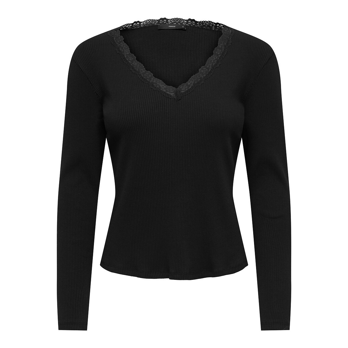T-shirt manches longues côtelé, col V en dentelle noir, ONLY