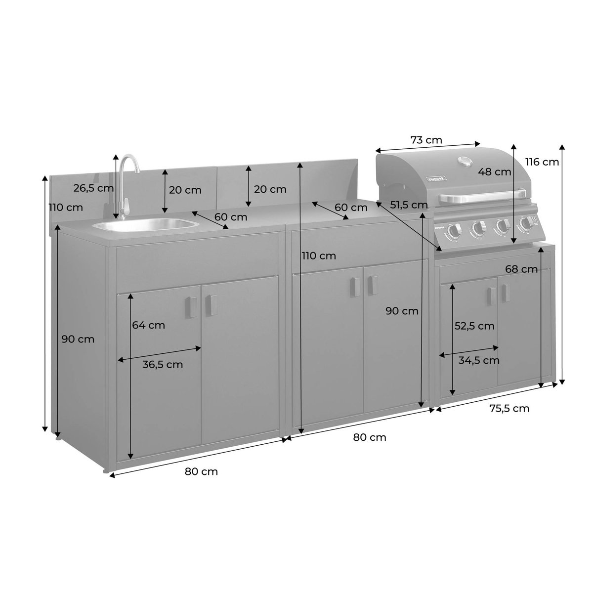 Cuisine extérieure 3 modules acier avec barbecue gaz 4 brûleurs THIRA BARBECUE GAZ + 3 MODULES noir, SWEEEK