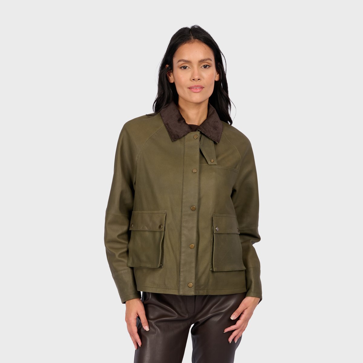Veste en cuir à manches longues et col à revers MISSOURI kaki, OAKWOOD
