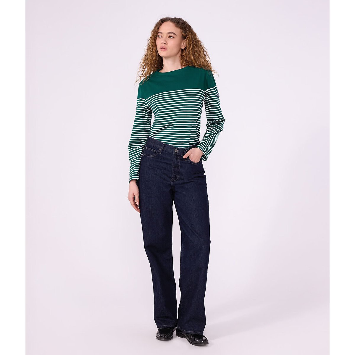Camiseta a rayas, manga larga verde/blanco, PETIT BATEAU