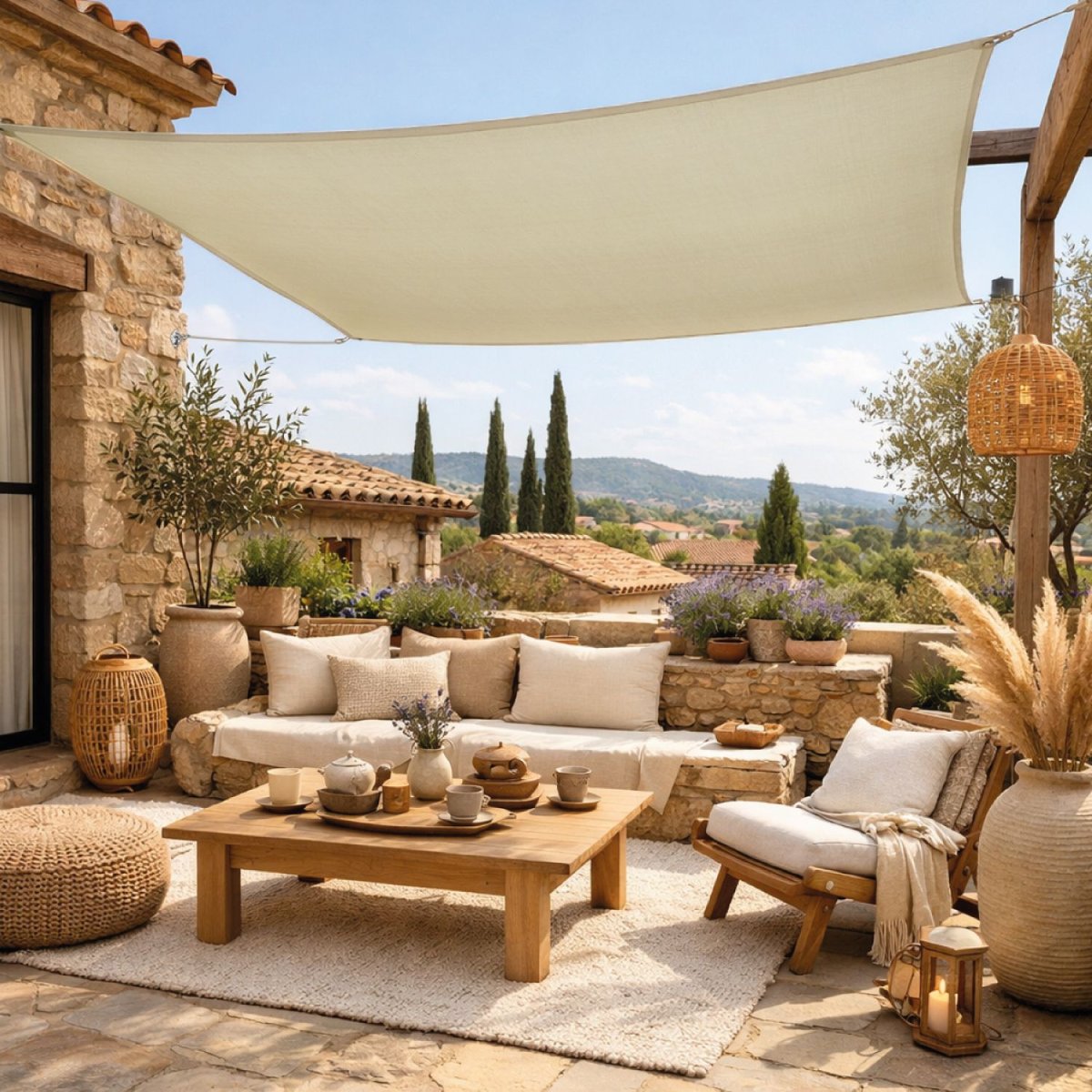 Voile d'ombrage carré imperméable et résistant UV beige, LINXOR