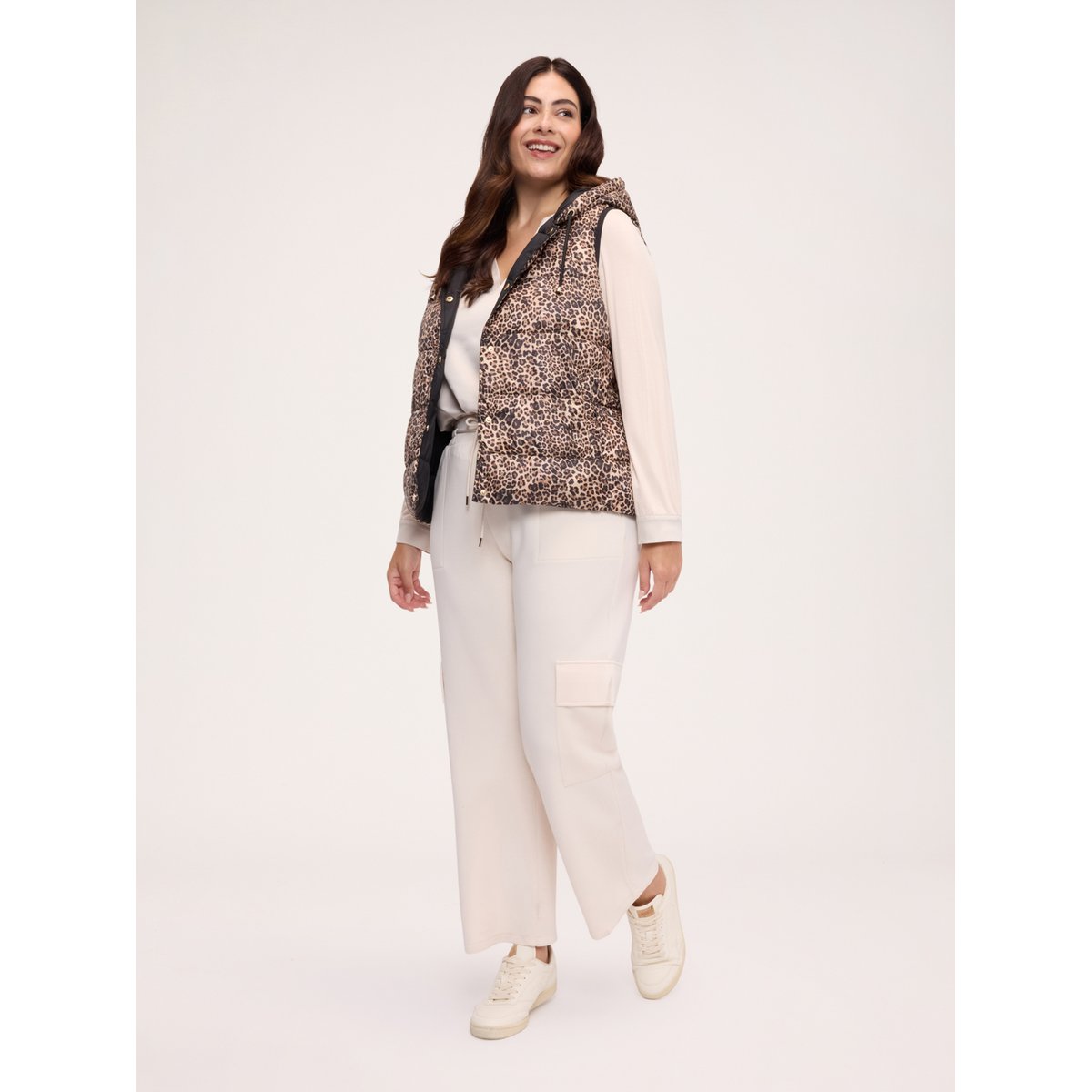 Veste matelassée réversible sans manches avec imprimé léopard beige, FIORELLA RUBINO
