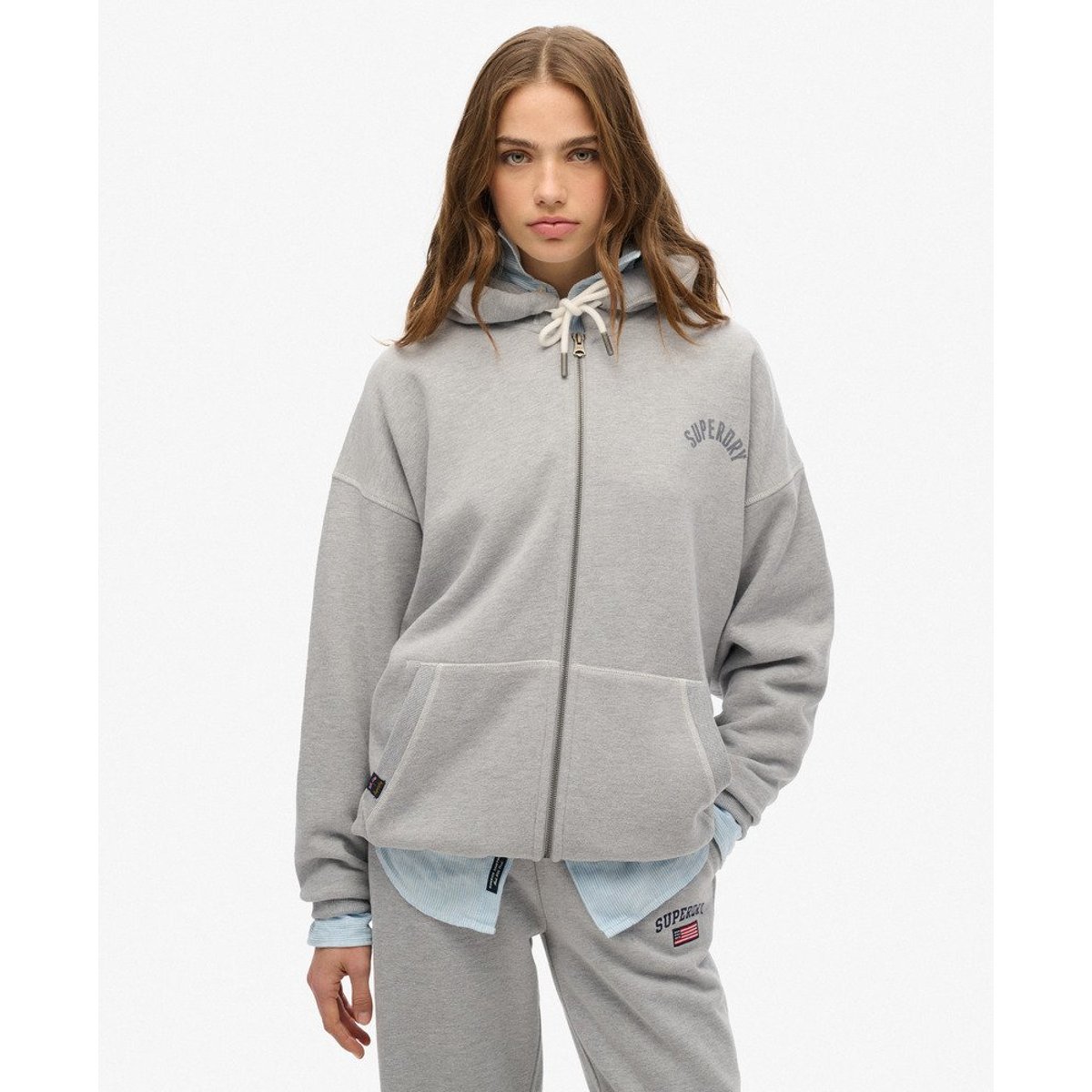 Sweat à capuche zippé oversize Athletic Essential gris chiné, SUPERDRY