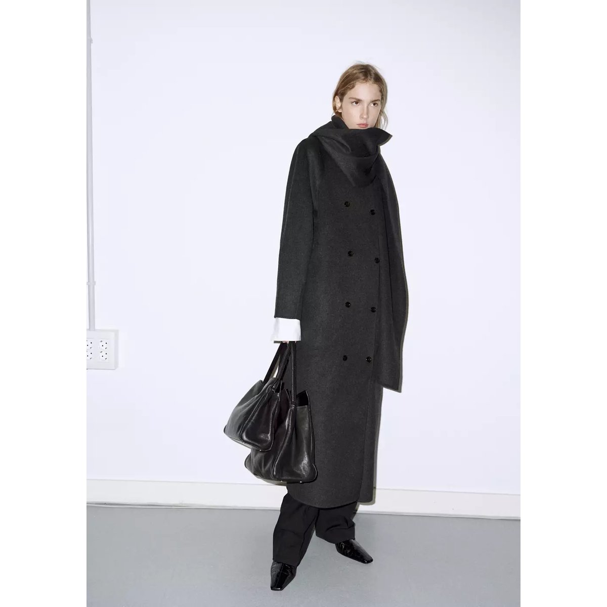 Manteau laine écharpe amovible gris chiné foncé, MANGO