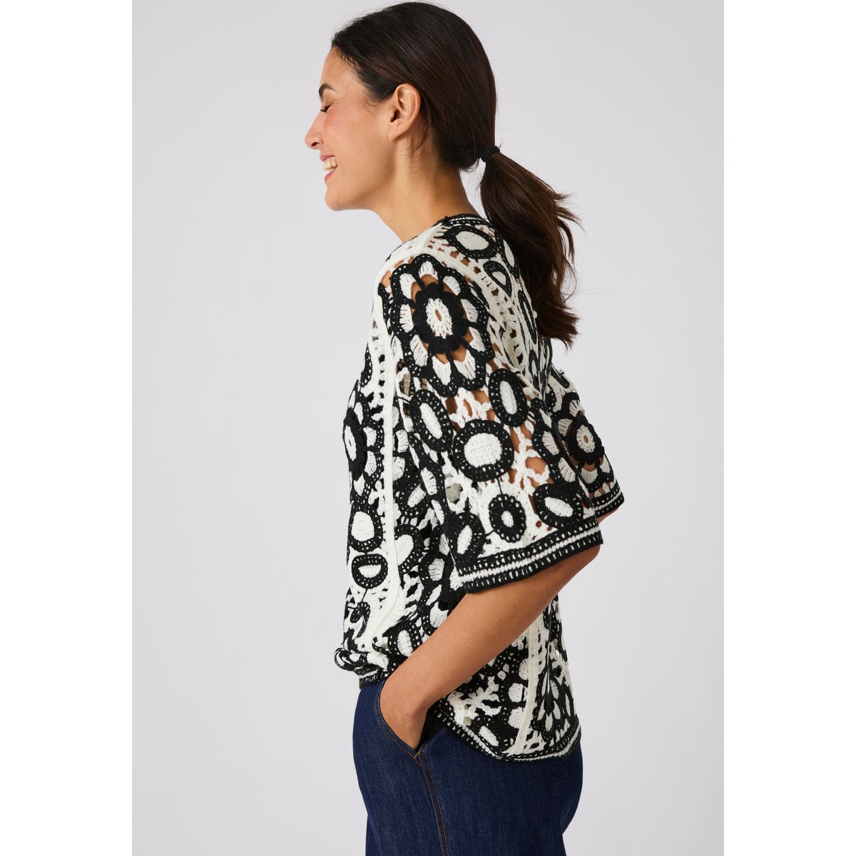 Pull effet crochet bicolore noir/blanc, DAMART