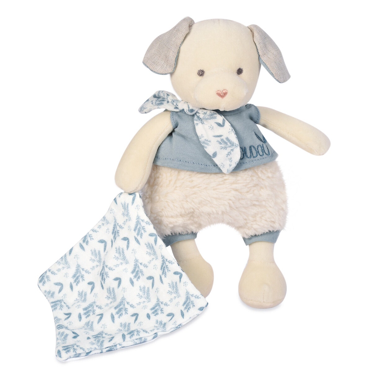 Chien moyen modèle avec doudou 22 cm bio beige/bleu, DOUDOU ET COMPAGNIE