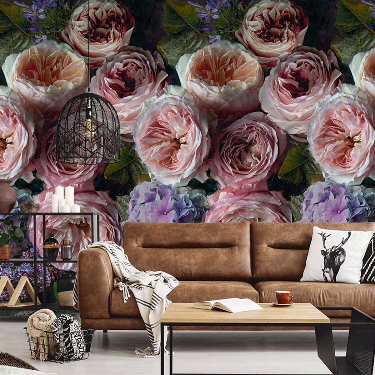 Papier peint pivoines et hortensias rose, HEXOA