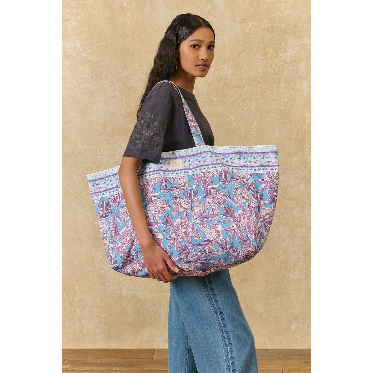 Sac tote grand format à fleurs, BEVERLY imprimé bleu, LOUISE MISHA