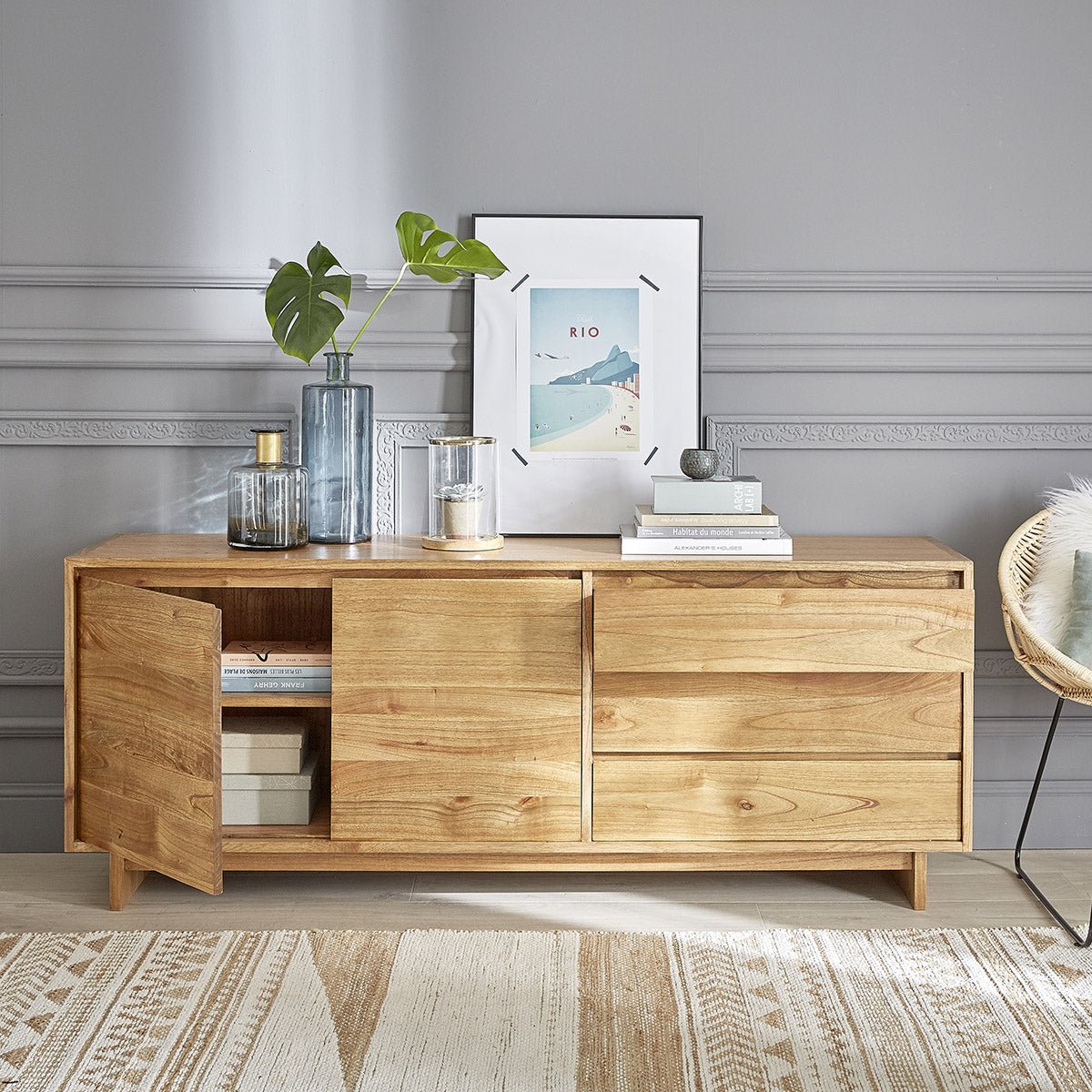 Commode en bois massif 180 cm 2 portes 3 tiroirs  TILO naturel, BERAH GETAH