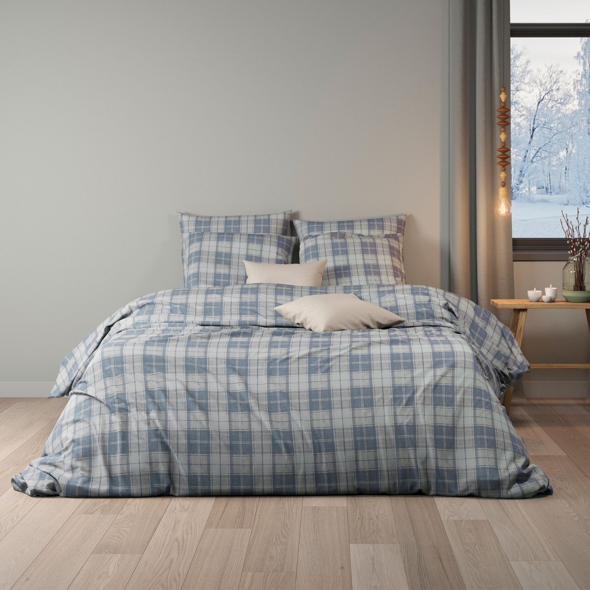 Parure de lit flanelle à carreaux bleu grisé, TERRE DE NUIT