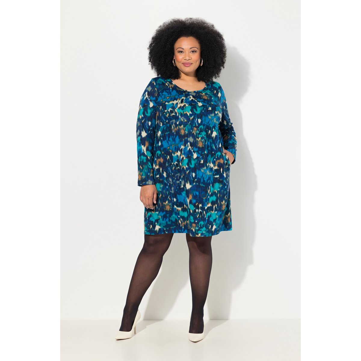 Robe en jersey à col rond et manches longues marine, ULLA POPKEN