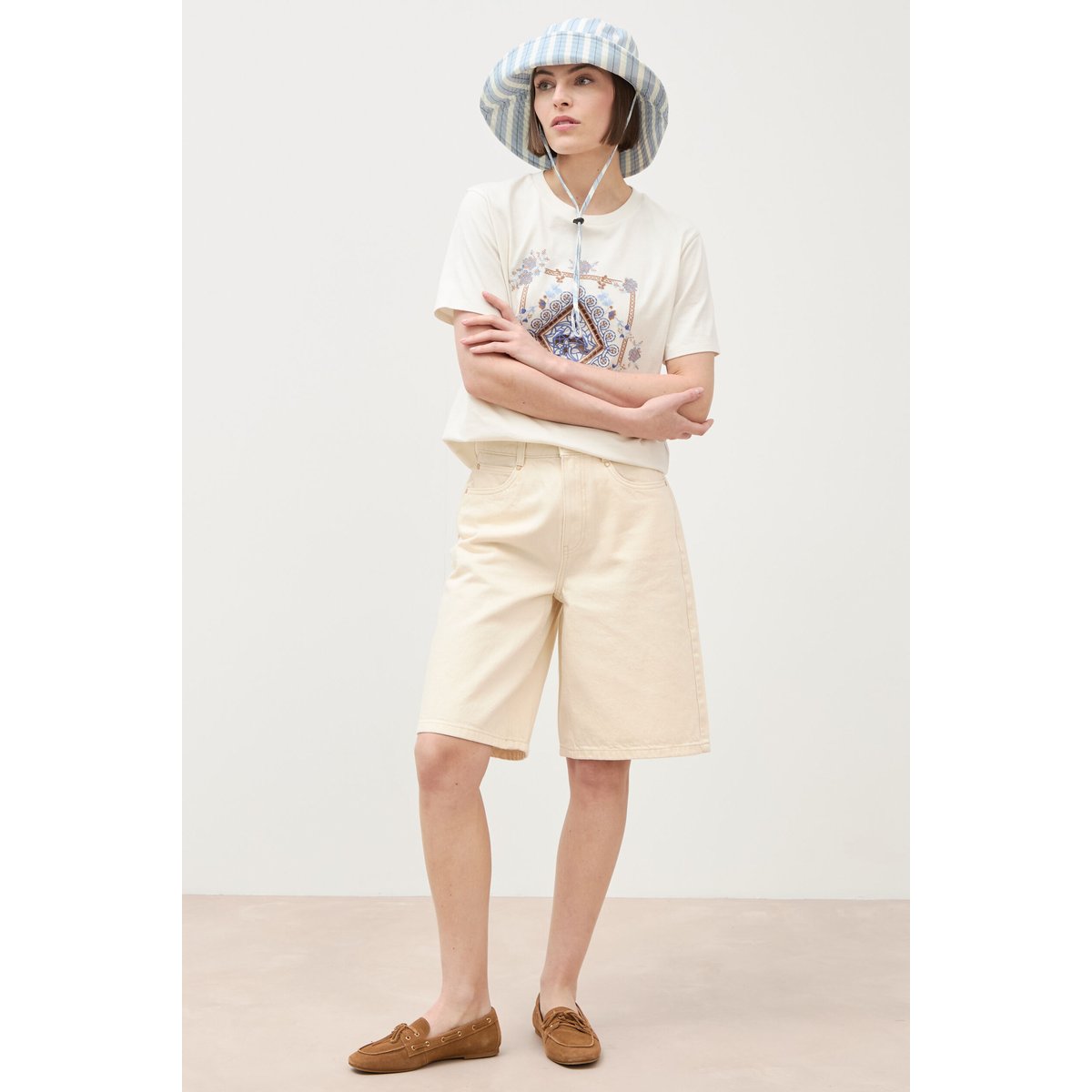 Bermuda large taille haute en coton jaune clair, BONOBO