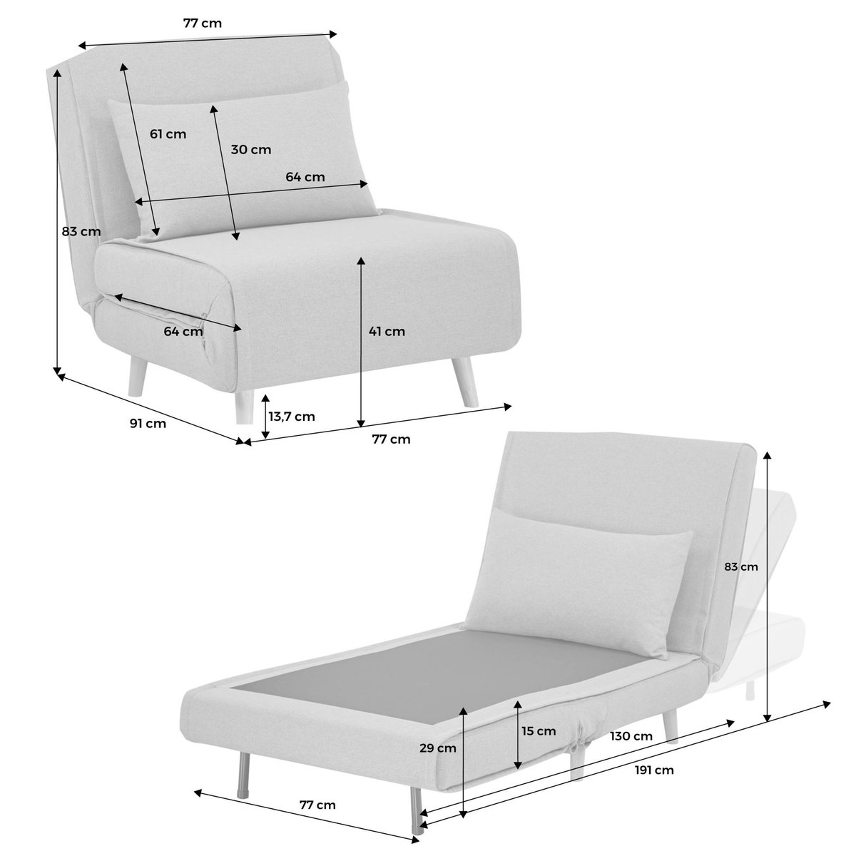 Chauffeuse convertible tissu chenille piètement bois 1 place GUEST gris, SWEEEK