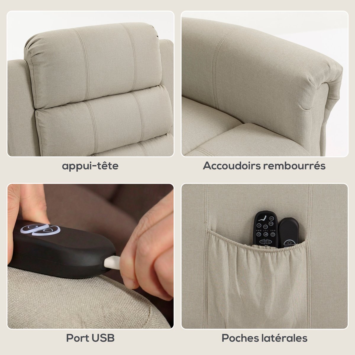 Fauteuil releveur multifonctionnel Lin (100% beige, HOMCOM