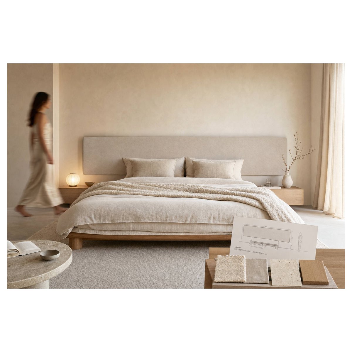 Tête de lit en tissu beige, RECOLLECTION