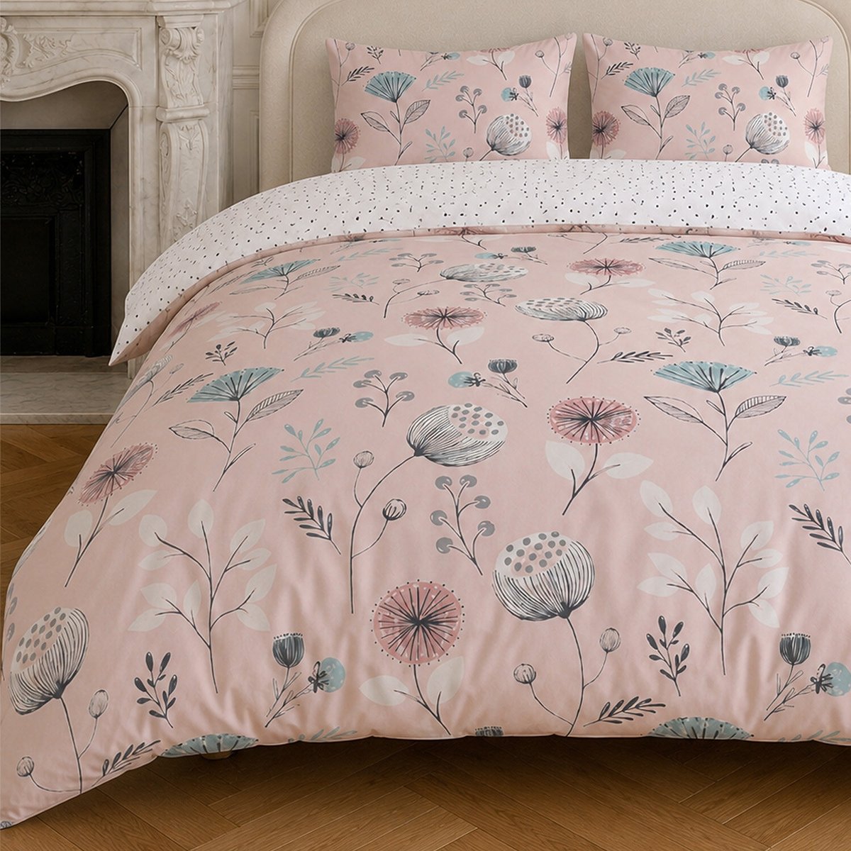 Parure housse de couette en coton floral rose, OLIA rose, C DESIGN HOME TEXTILE