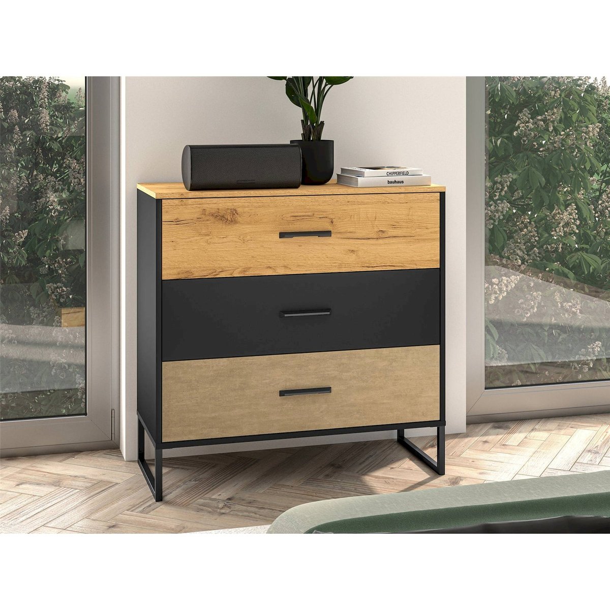 Commode 3 tiroirs collection COLT chêne craft doré, noir et acier, RECOLLECTION