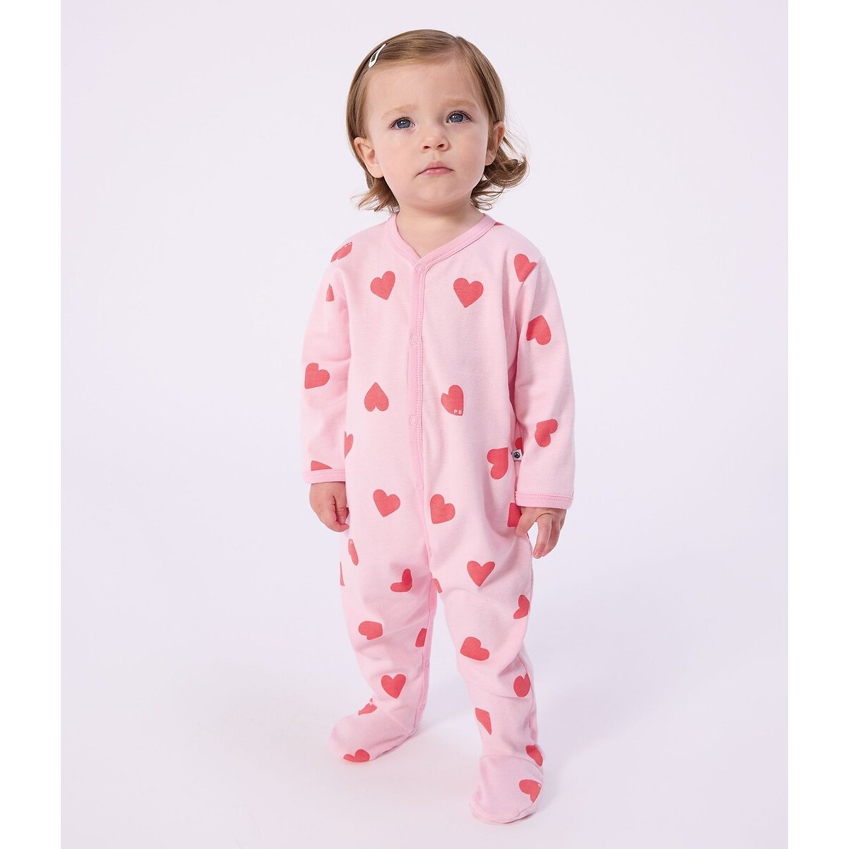Pigiama in cotone, stampa cuori rosa, PETIT BATEAU