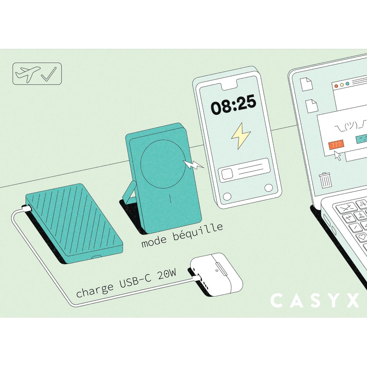 Batterie externe 5000 mAh Qi2 MagSafe avec bequille noir couleur unique, CASYX