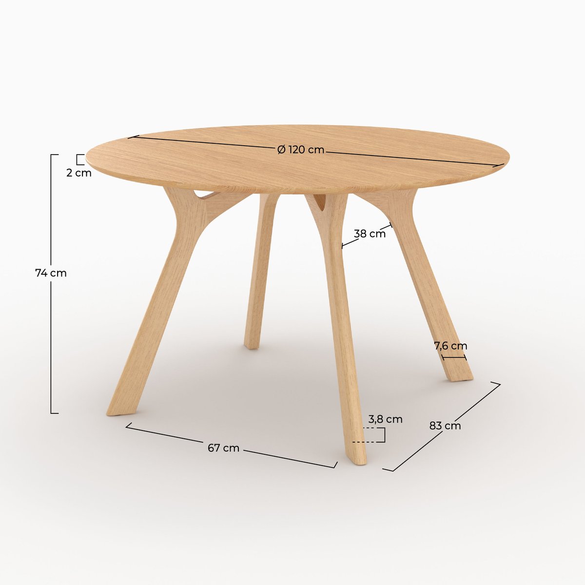 Table ronde 4 personnes en bois d'hévéa massif et placage en chêne D120 cm - IZZI marron clair, MAISON PAVANE