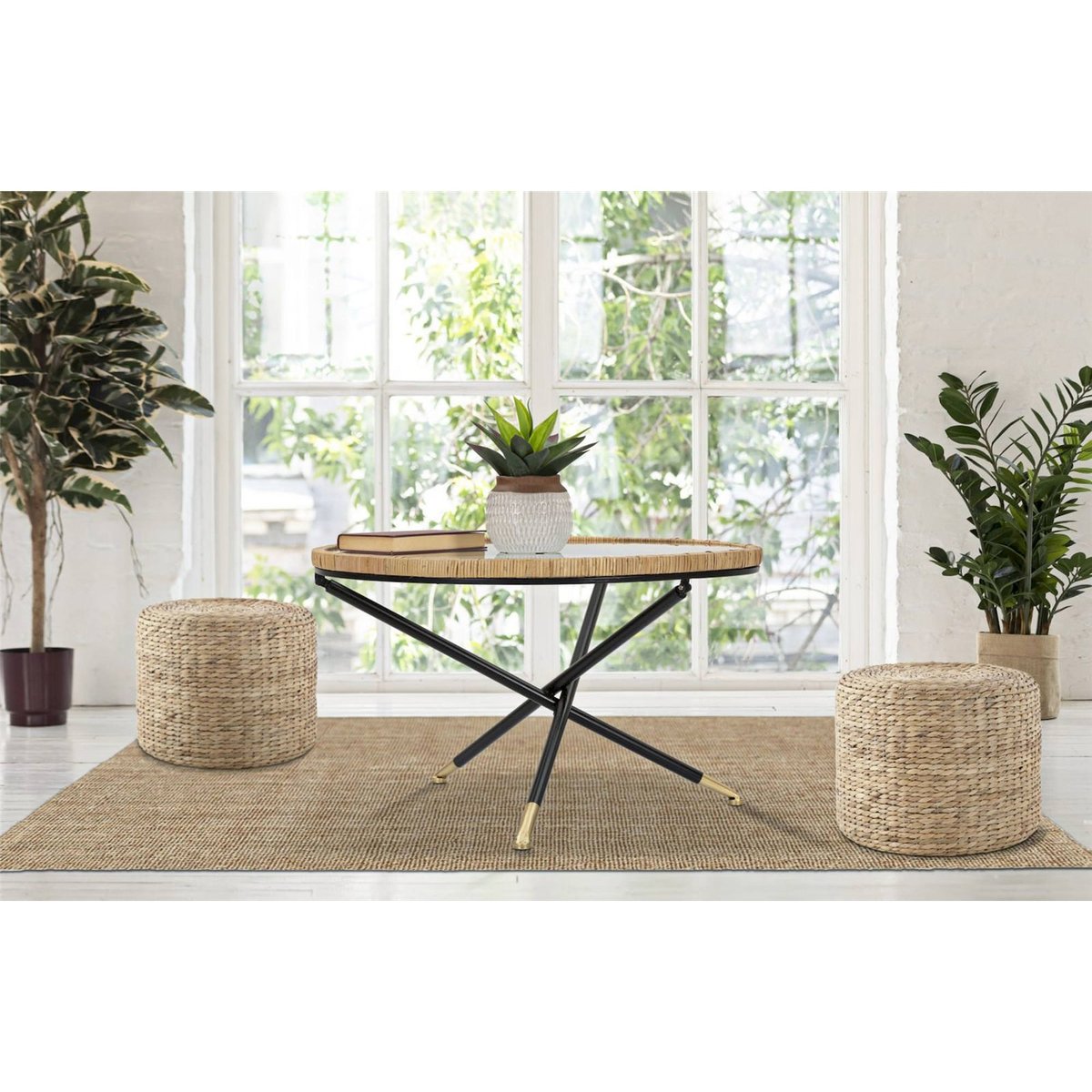 Table basse ronde en verre et rotin BOHO CHIC noir, naturel et doré, RECOLLECTION