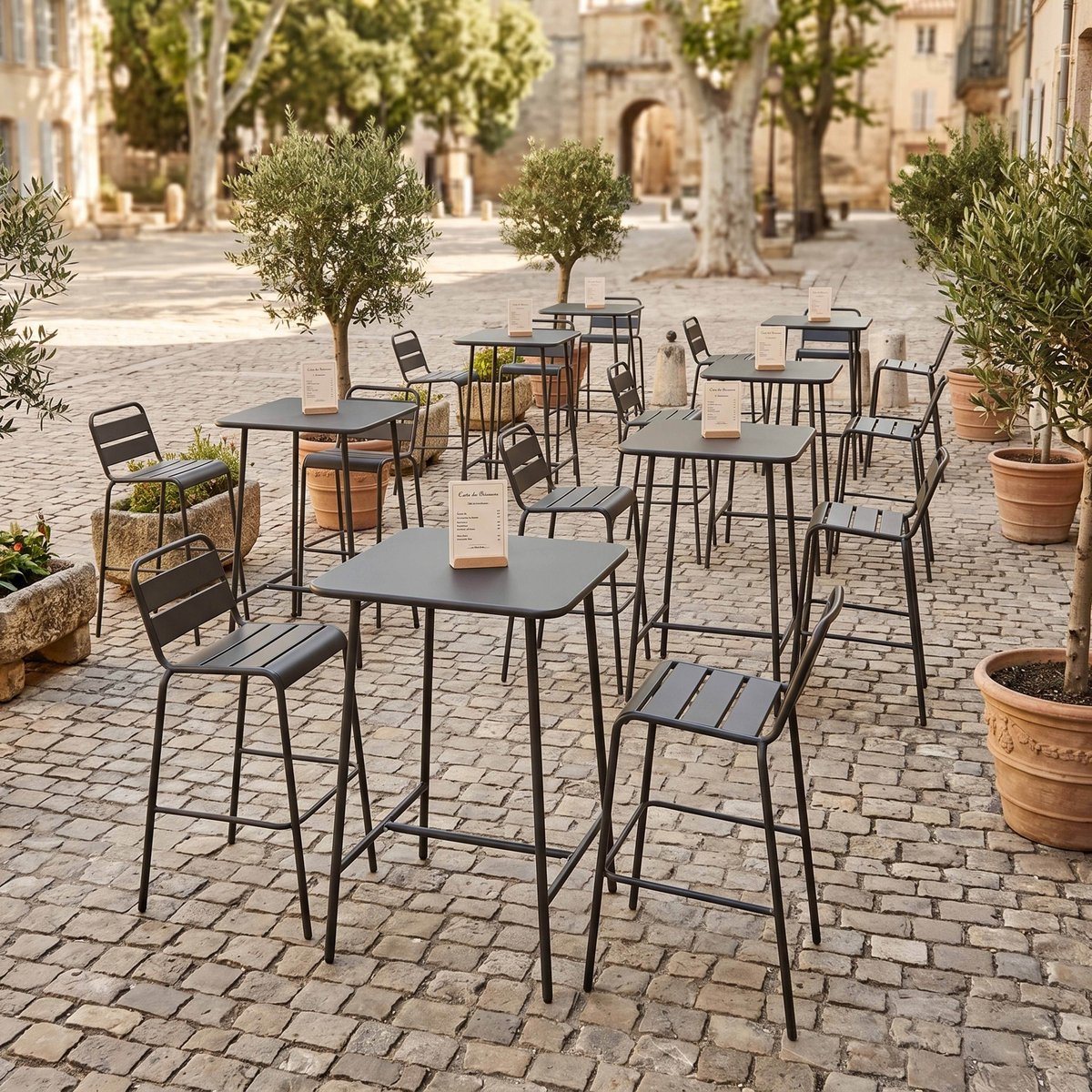 Salon de jardin table de bar et 2 chaises en acier, PALAVAS gris anthracite, OVIALA