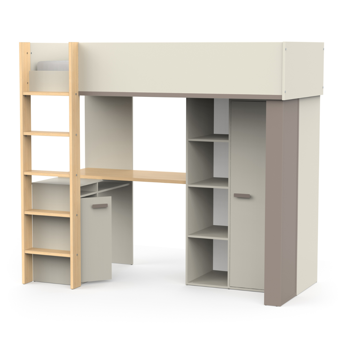 Lit mezzanine avec bureau et armoire H183 cm - CAMILLIA argile / gris / chêne, CALICOSY