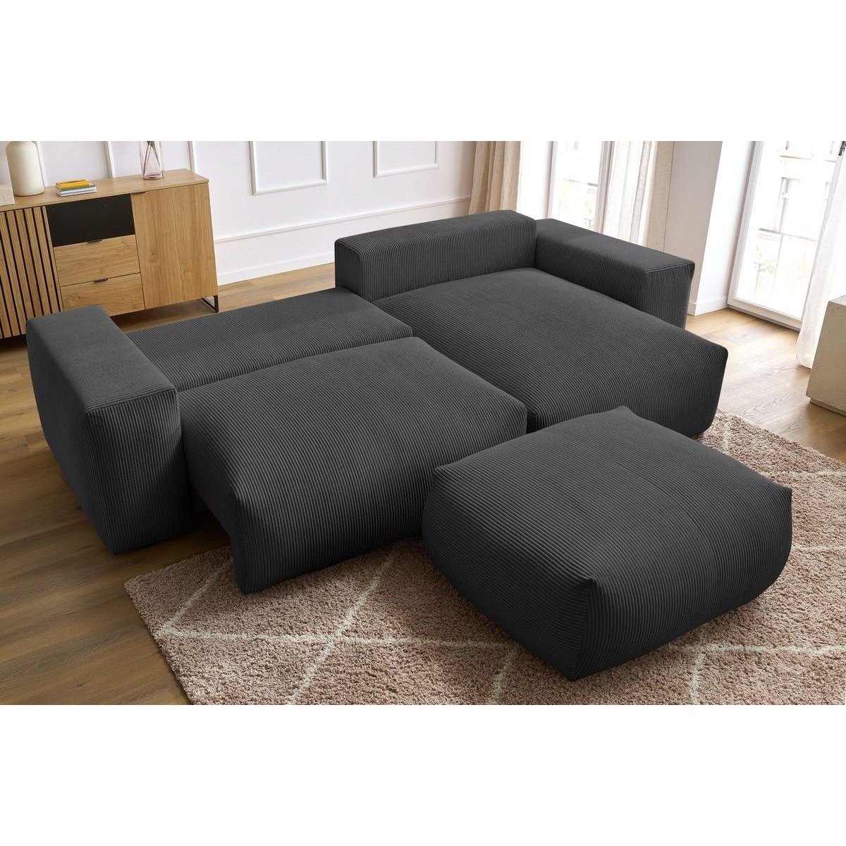 Canapé d'angle convertible 5 places en velours côtelé avec pouf, VOLTAIRE gris foncé, BOBOCHIC