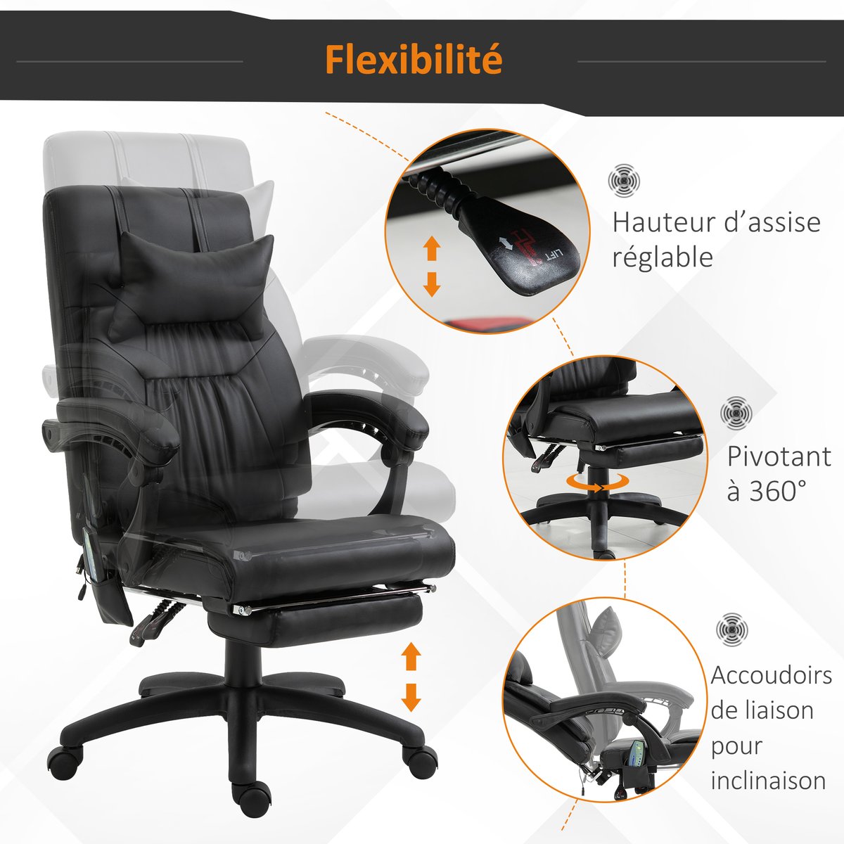 Fauteuil de bureau avec fonction massage noir, HOMCOM