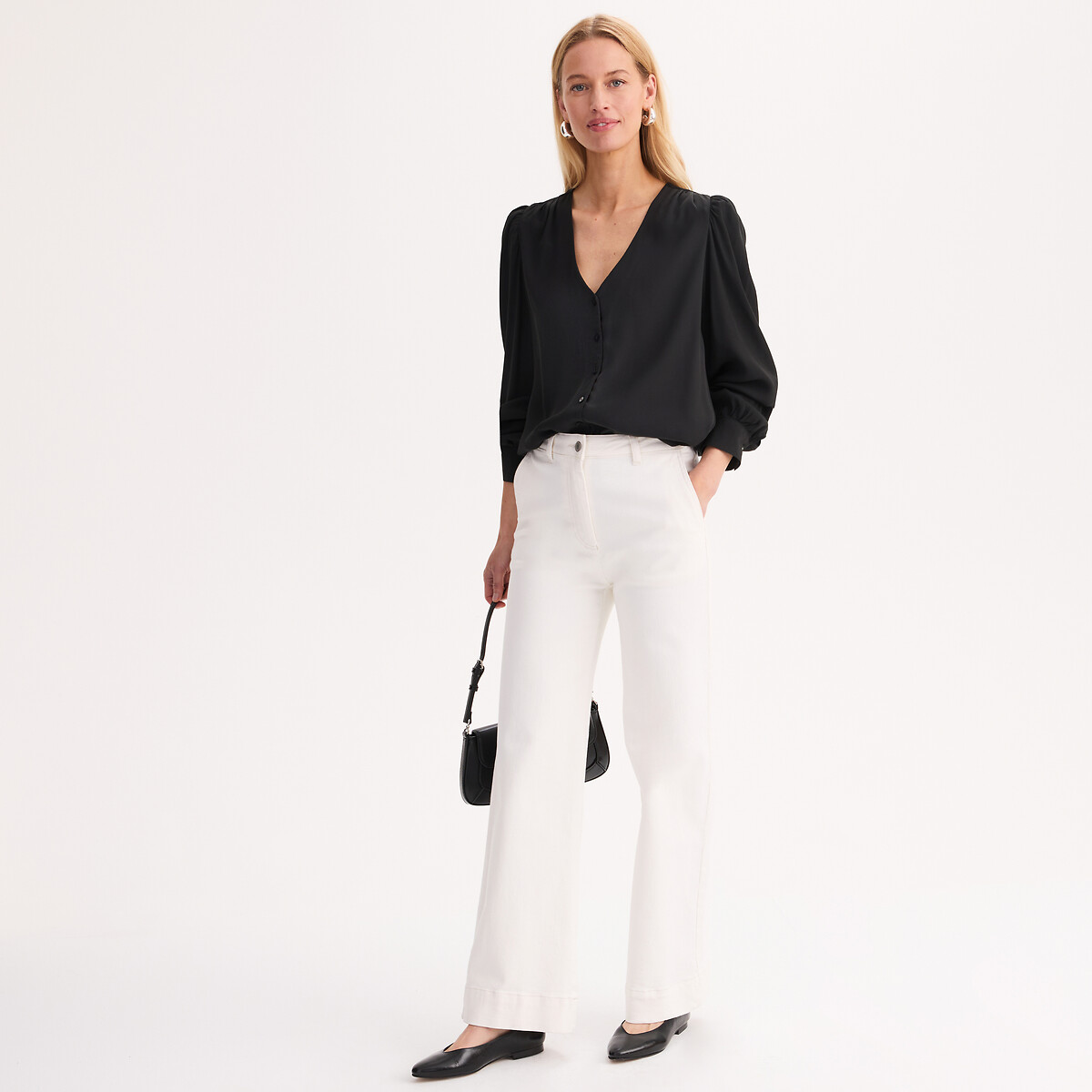 Blouse col V, manches longues noir, ANNE WEYBURN