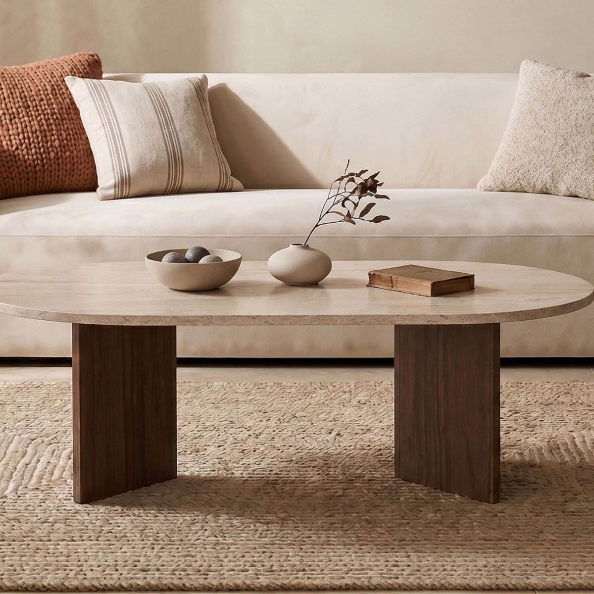 Table basse ovale en bois et effet travertin- SAM beige, DRAWER