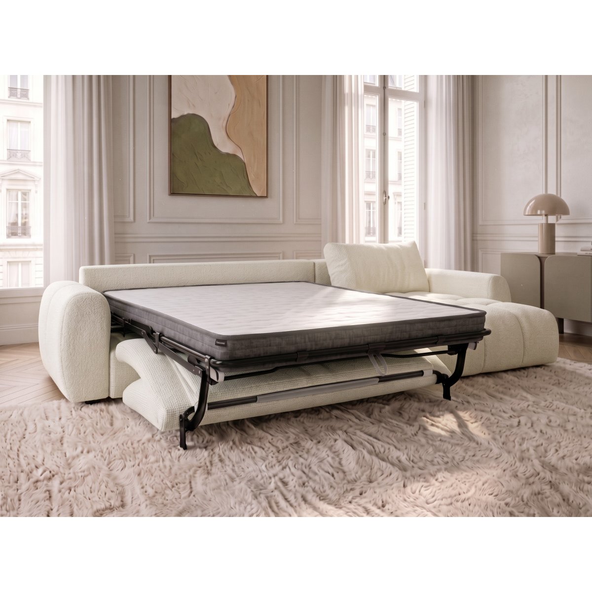 Canapé d'angle convertible 3 places en tissu chiné, FUJI blanc, BOBOCHIC