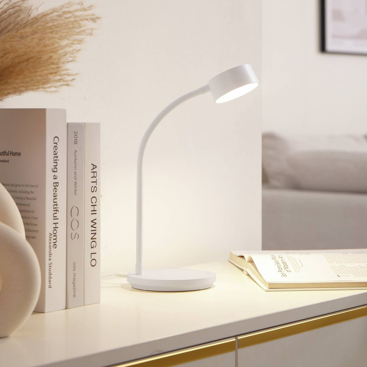 Lampe à poser en métal moderneLED, Maori blanc, LINDBY