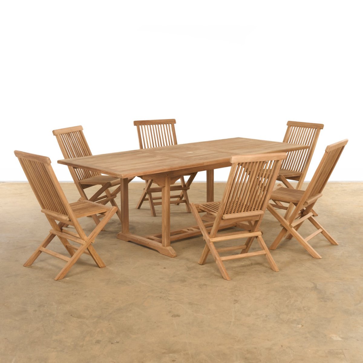 Ensemble table de jardin extensible et 6 chaises pliantes en teck massif naturel, WANDA COLLECTION