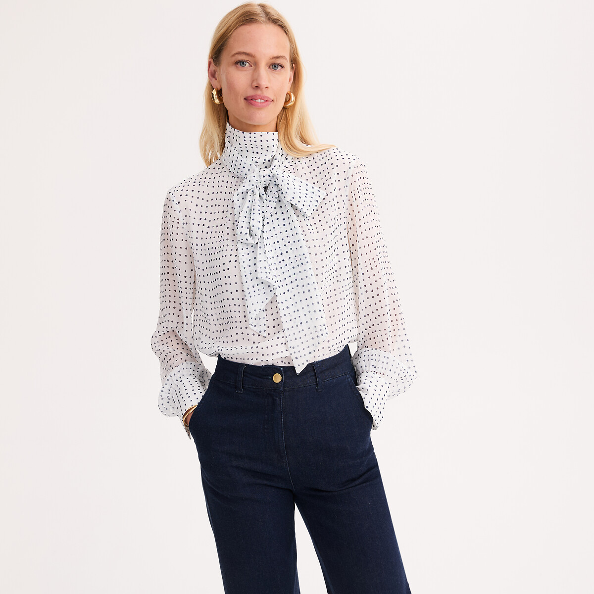 Blouse lavallière à pois manches longues imprimé pois fond blanc, ANNE WEYBURN
