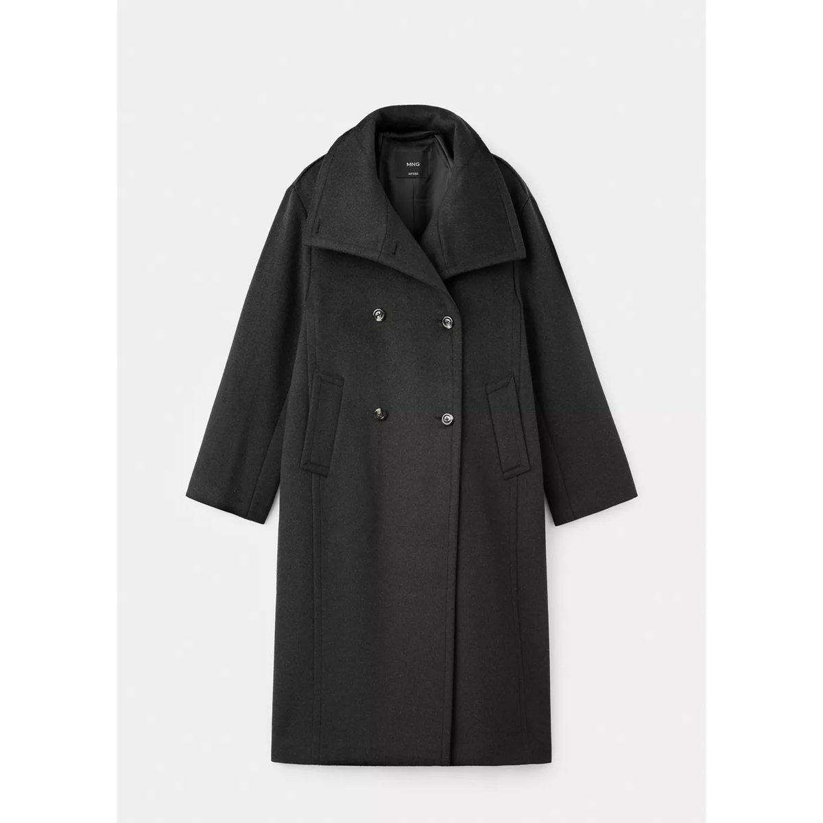 Manteau en mélange de laine à col cheminée gris chiné foncé, MANGO