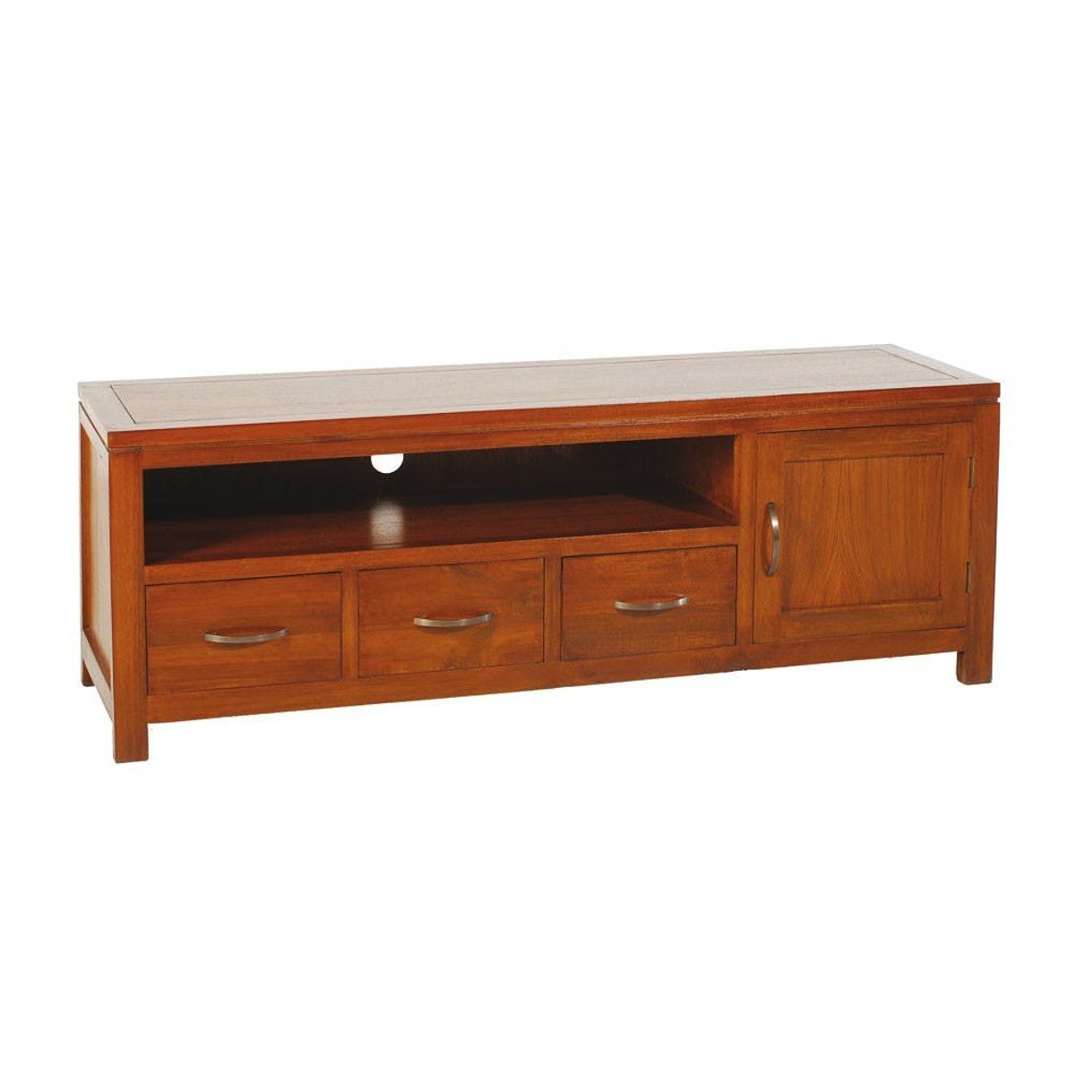 Meuble TV 140cm bois exotique verni 1 porte 3 tiroirs 1 niche LOLA bois naturel, PIER IMPORT