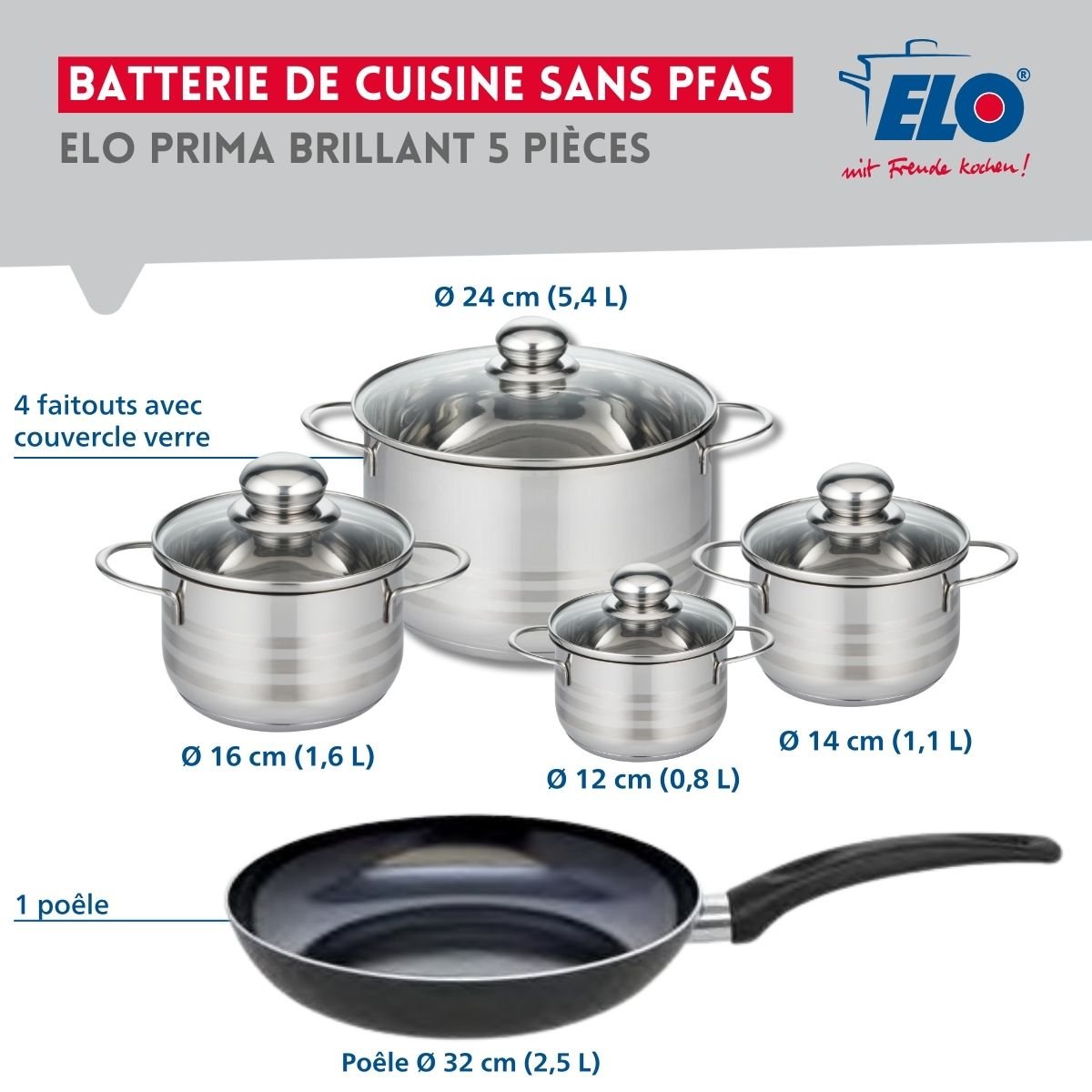Batterie 1 poêle 32cm + 4 faitouts 12/14/16/24cm PRIMA BRILLANT noir, ELO