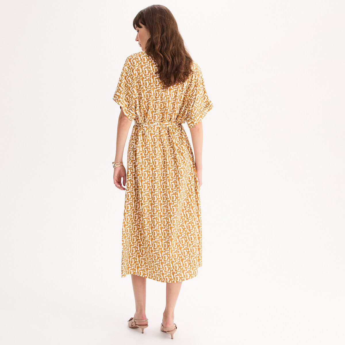 Robe évasée, imprimé graphique, longueur midi, manches courtes imprimé ocre, ANNE WEYBURN