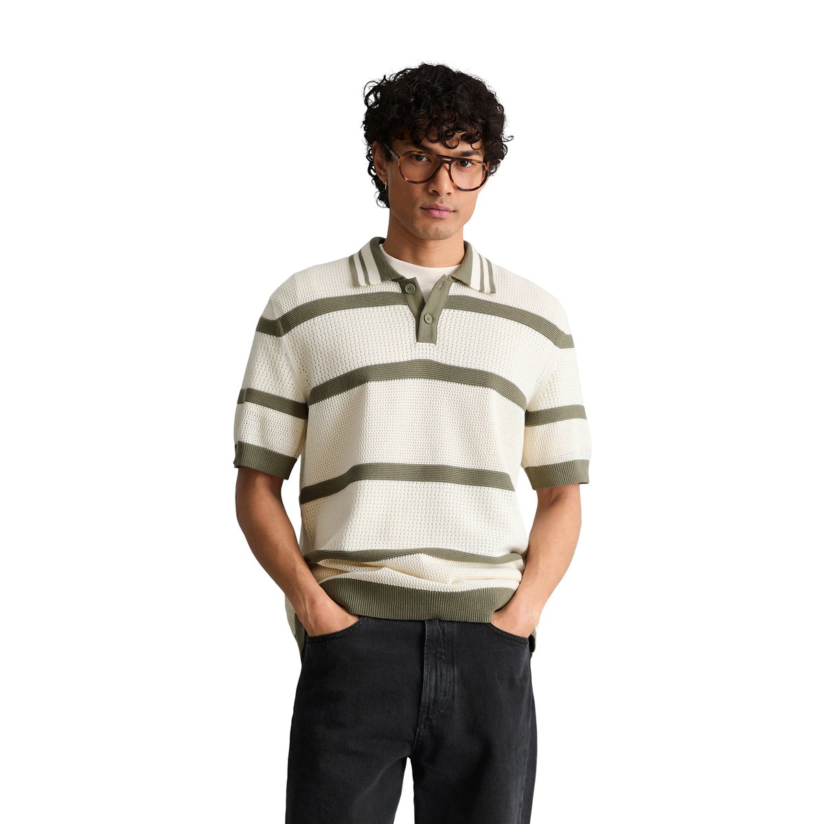 Polo en tricot régulier avec des variations de tricot et des rayures blanc/vert, MARC O’POLO DENIM
