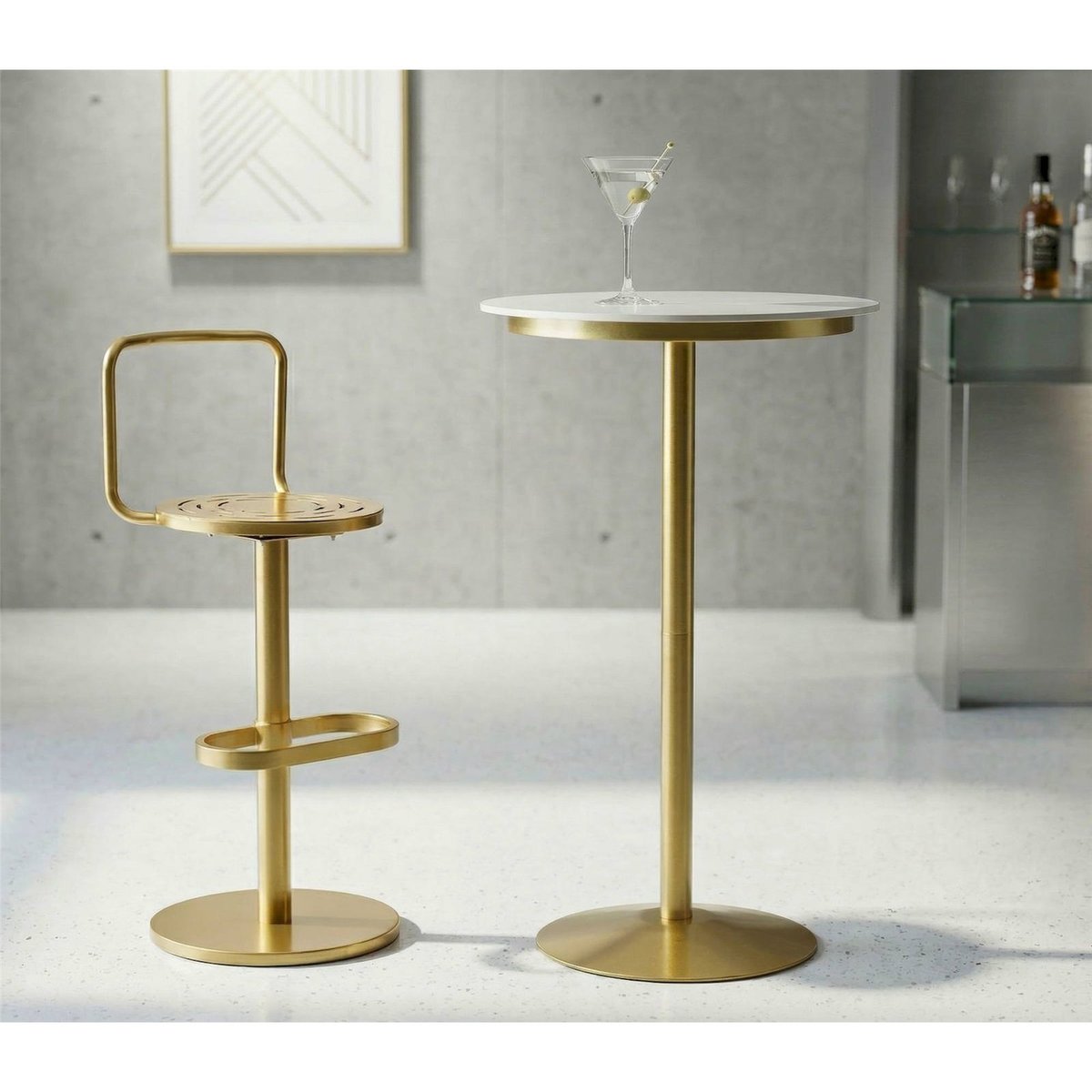 Table de bar ronde effet marbre GLAM or et blanc, RECOLLECTION